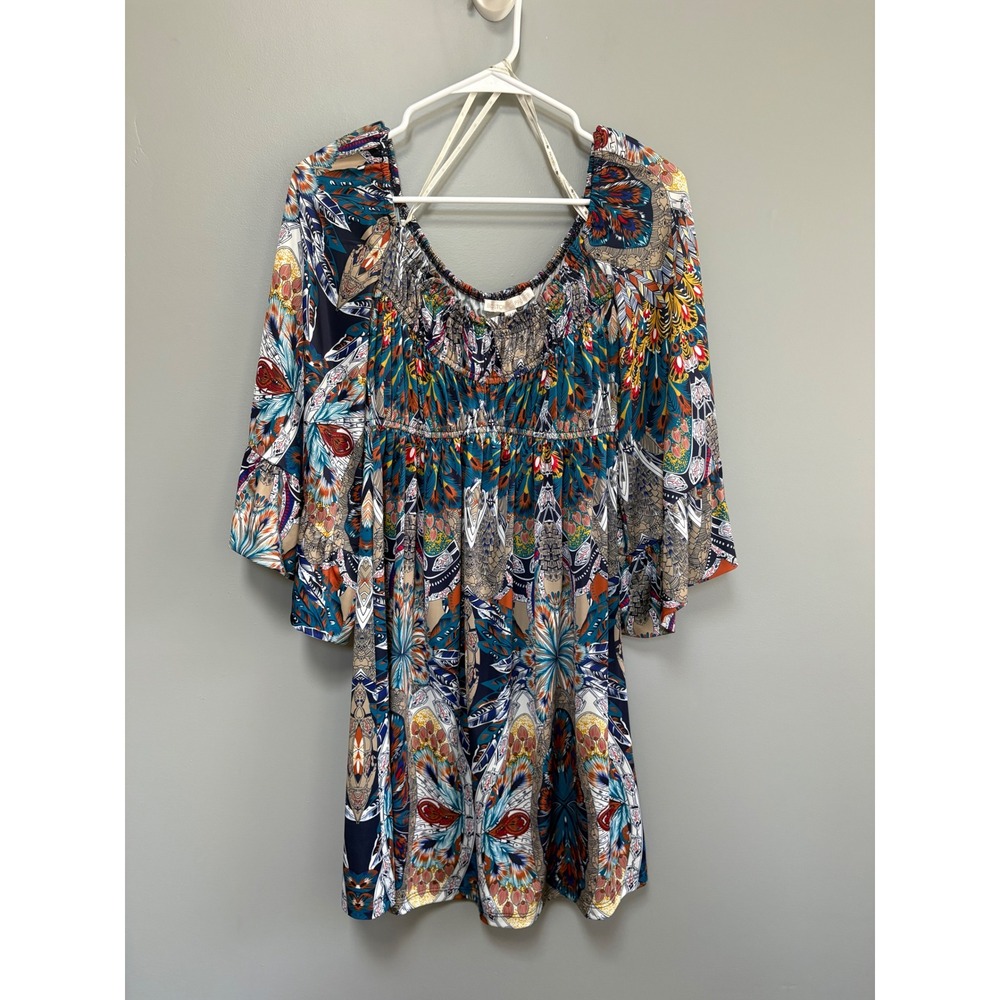 Boston Proper Women XS Blue Multi Paisley Smocked Bell Sleeve Tunic Top Boho
